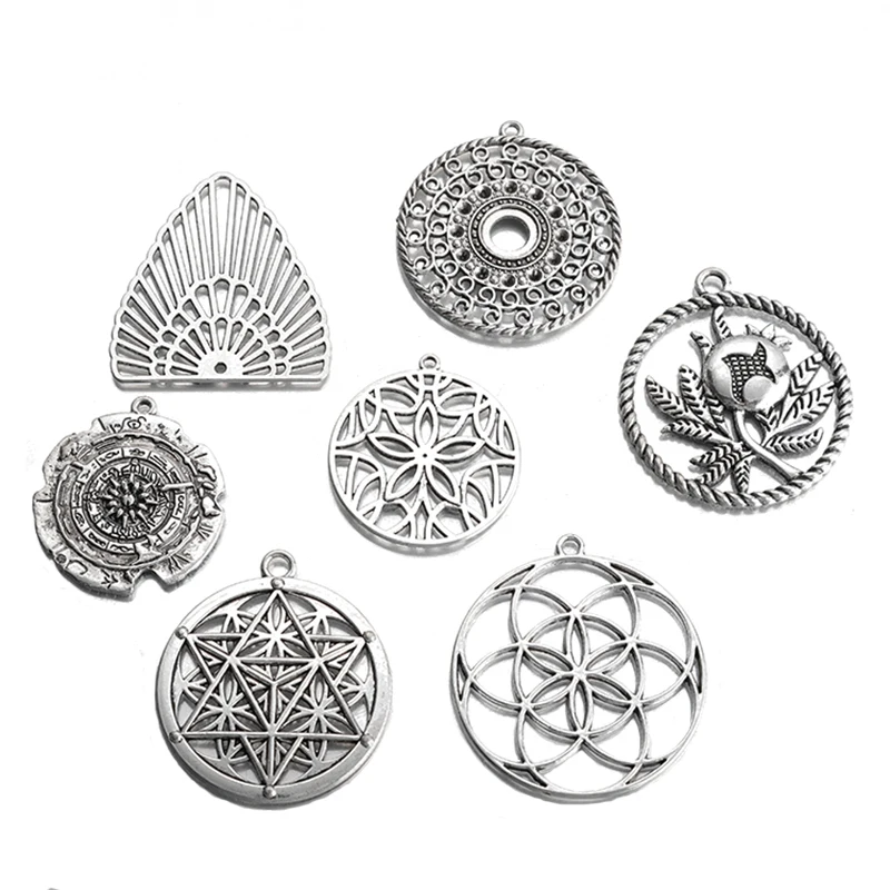 

4PCS Tibetan Silver Geometry Round Triangle Hollow Charms Pendant For Jewelry Making DIY Necklace Finding Accessories