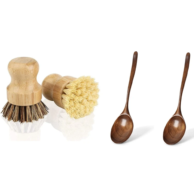 

2Pcs Bamboo Mini Scrub Brush Pot Brushes Dish Scrubber With 2PCS Wooden Long Handle Kitchen Cooking Mixing Food Spoon