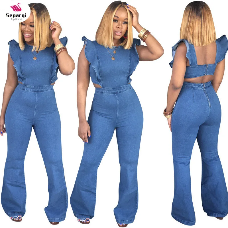 

SEPAQI 2023 Butterfly Bell Wide Leg Bodycon Denim Jumpsuit Casual Rompers Back Lace Up Fashion Trends Jumpsuits Overalls