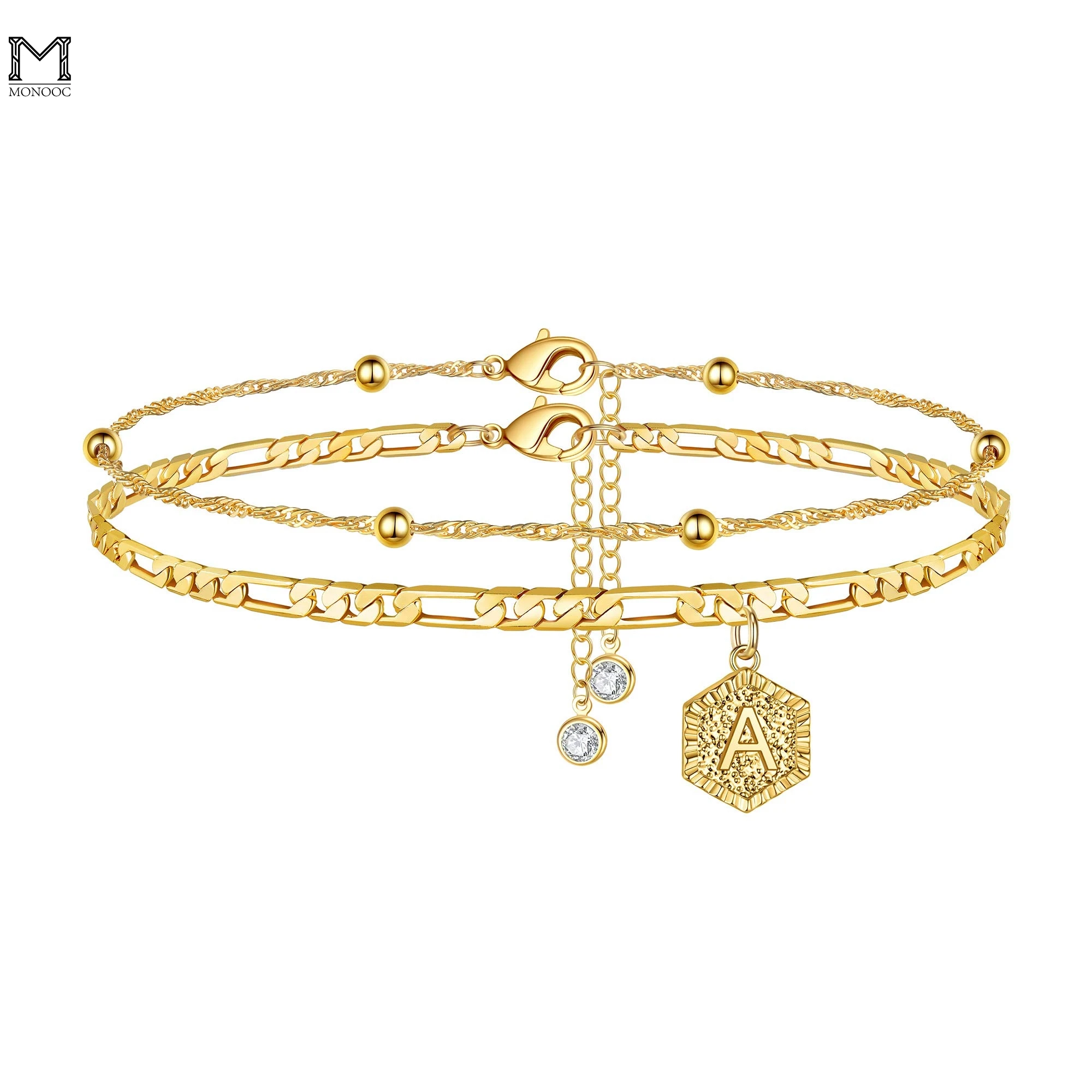 

MONOOC Ankle Bracelets for Women Initial Anklets, 14K Gold Filled Figaro Chain Letter Initial Anklets Handmade Layered Ankle