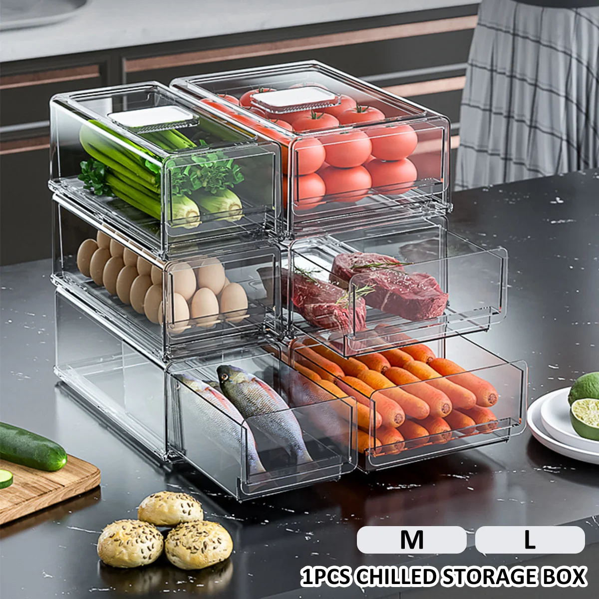 

Refrigerator Transparent Drawer Storage Box Kitchen Fridge Stackable Cabinet Home Clear Food Vegatables Fruit Meat Organizer Box