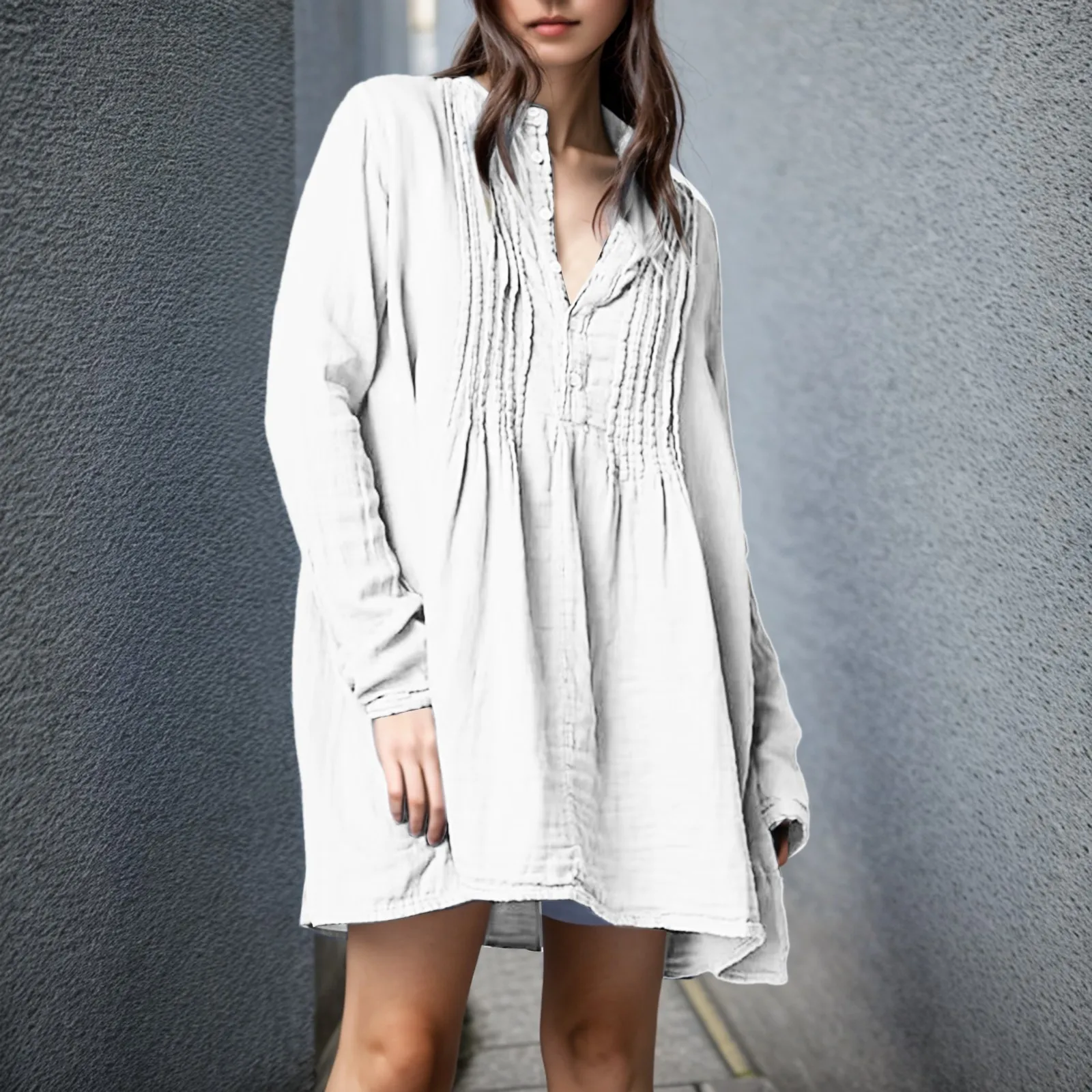 

Элегантная женская блузка-туника со складками, осенняя блузка на пуговицах с длинным рукавом, повседневная однотонная женская блузка, Свободный Топ