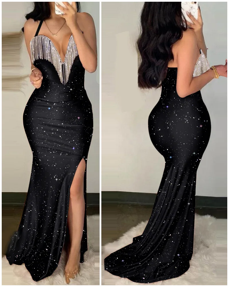 

Women's Halter Party Dresses Sexy V-neck Tassel Sequin Side Split Dress Slim Sleeveless Off Shoulder Maxi Dress Sexy Long Dress