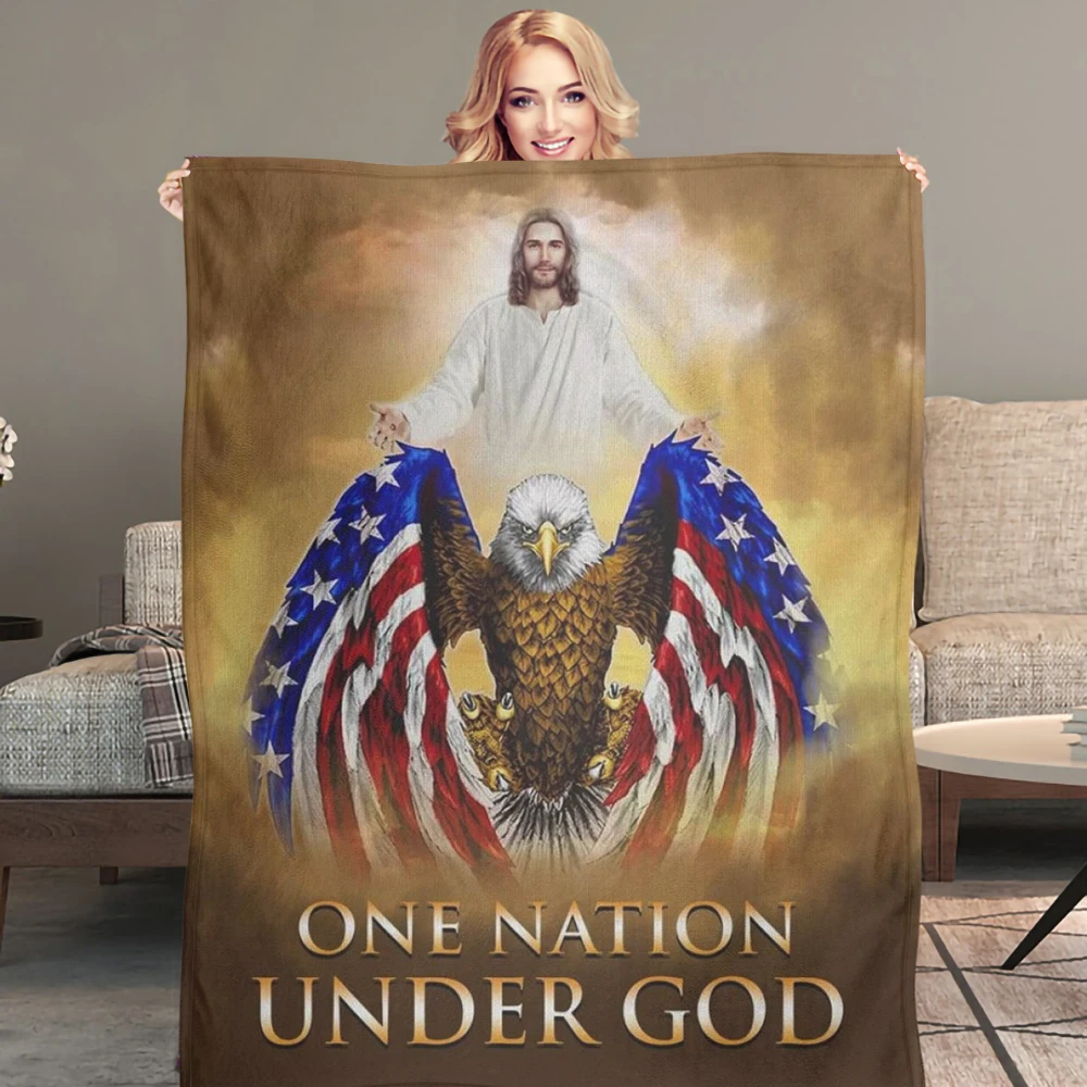 

TOADDMOS One Nation Under God Christian Throw Blanket Durable Warm Flannel Blanket American Flag Print Nap Knee Office Quilt