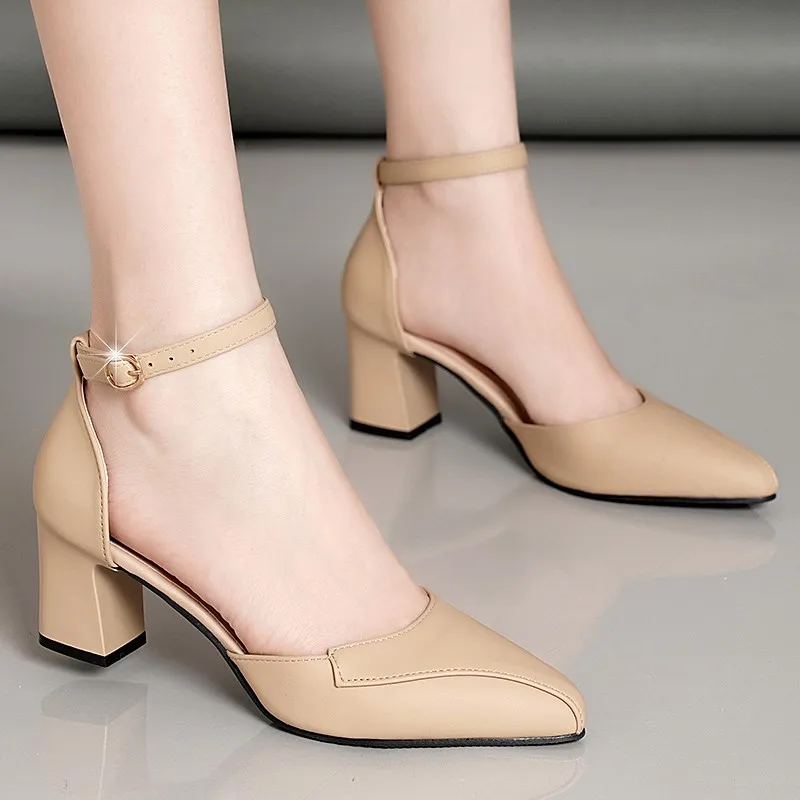 

2023 Spring and Autumn New Pointy Thick Heel High Heels One Word Buckle Single Shoes Female Black Sandals Female Everything