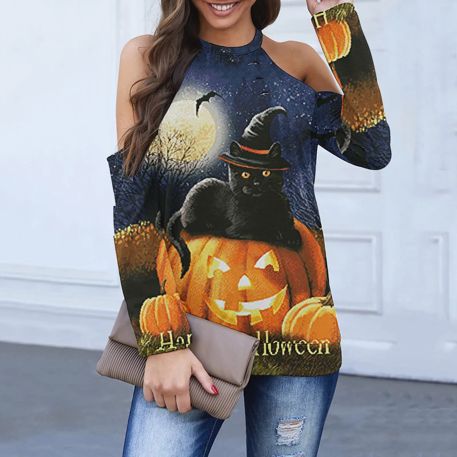 

Blouse For Women Casual Halloween Prints Sweatshirt Loose Cold Shoulder Tops Halter Neck Hollowed Out Women Hoodie