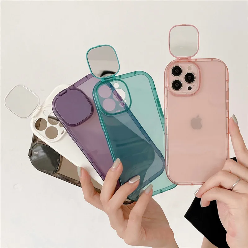 

Mirror Folding Stand Holder Phone Case For iPhone 14 11 12 13 Pro Max XS XR X 7 8 Plus Shockproof Silicone Closed Camara Cover
