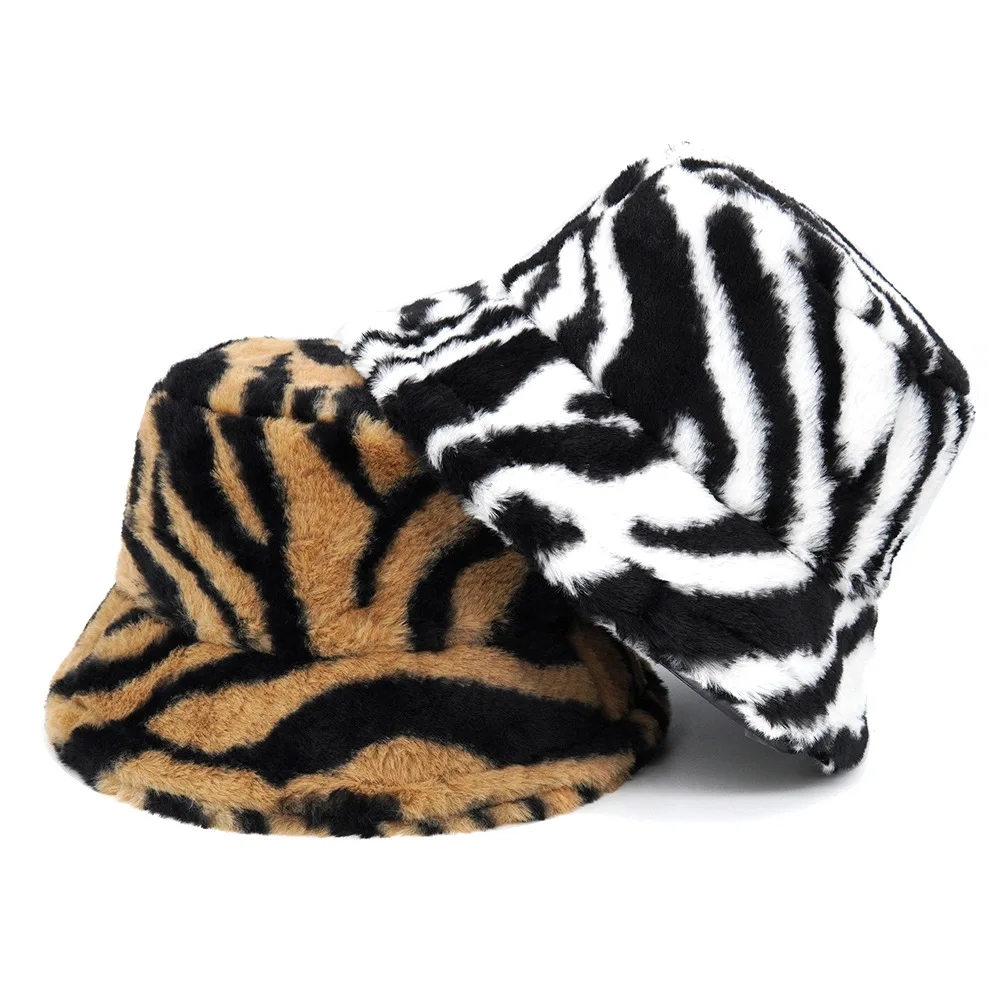 

2022 Women Hats Faux Fur Zebra Print Bucket Hats Outdoor Warm Thick Soft Foldable hat Lady Winter Panama Fisherman Caps
