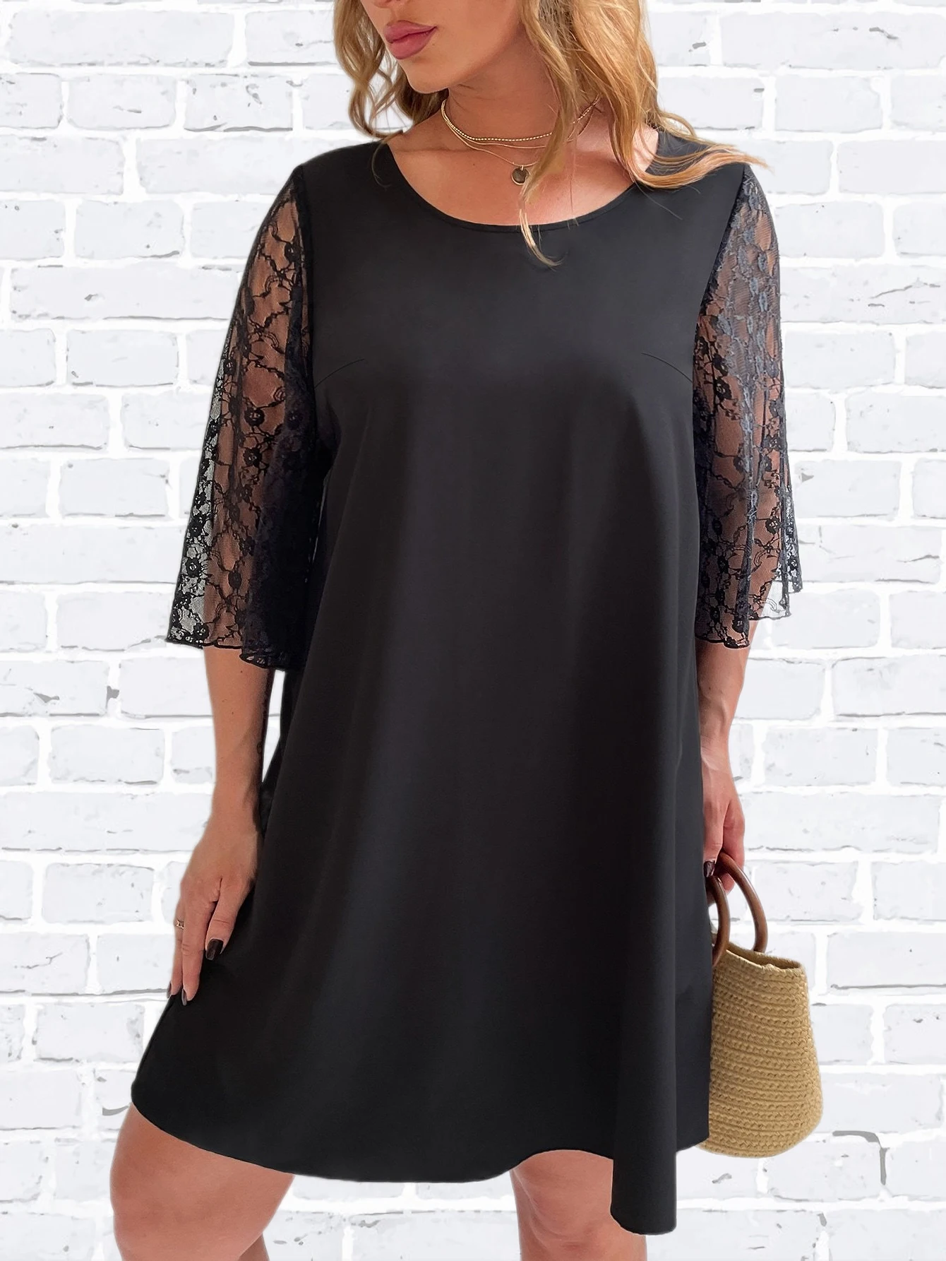 Plus Size 4XL Midi Dress for Women Half Lace Sleeve Autumn Black Ladies Loose Cotton Casual Elegant Oversized Party Dresses