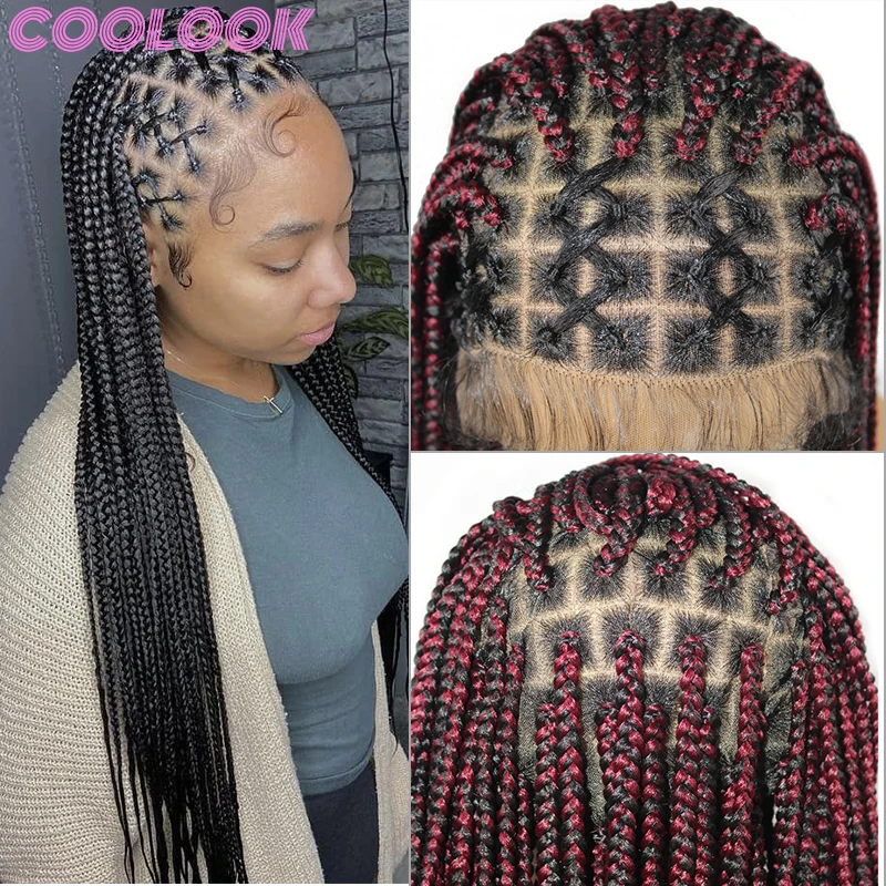 synthetic braided full lace front wig 36inch long full lace box braid wig with baby hairs ombre Criss cross knotless braids wigs