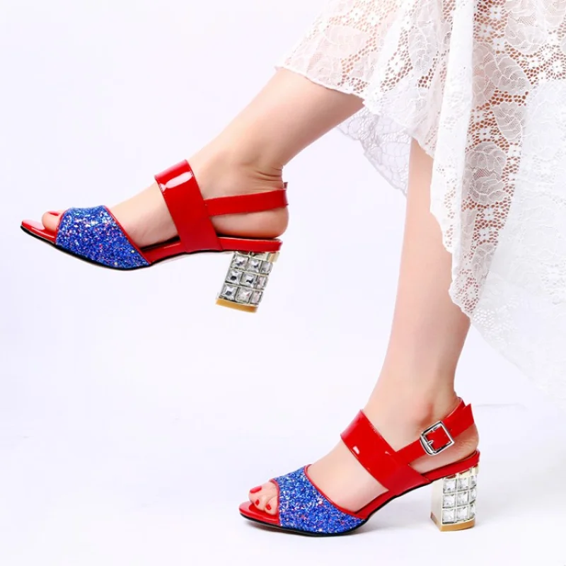 2023 Summer Platform Fish Mouth High Heels Diamond-in-a-line with Sequin Leather Sandals Women Thick Heels Sandals Women1924