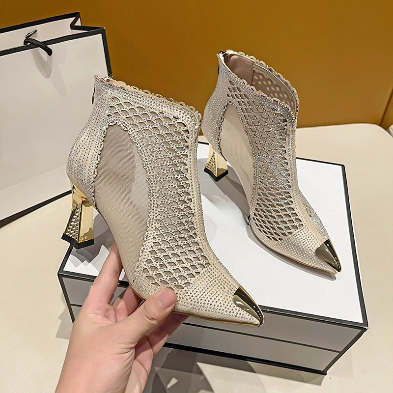 

Mesh Women High Heels Sandals Boots 2022 New Summer Pumps Designer Fad Pointed Toe Breathable Shoes Dress Party Women Sandals