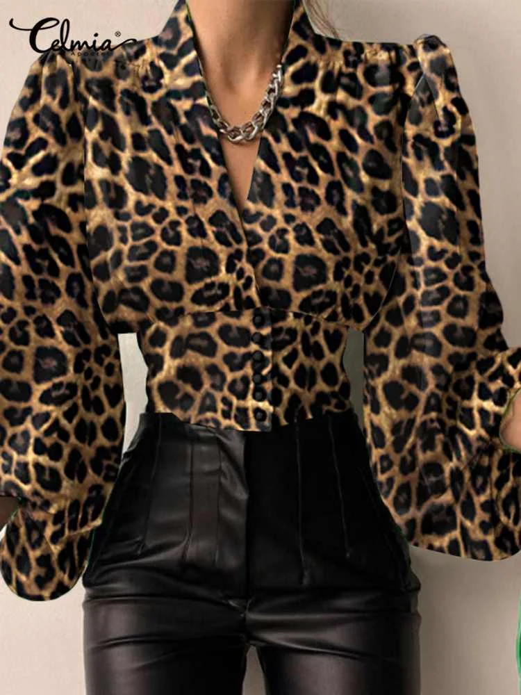 

Celmia Casual Cross V-neck Shirt Fashion Women Leopard Print Blouses 2022 Summer Elegant Puff Sleeve Waisted Tops Streetwear