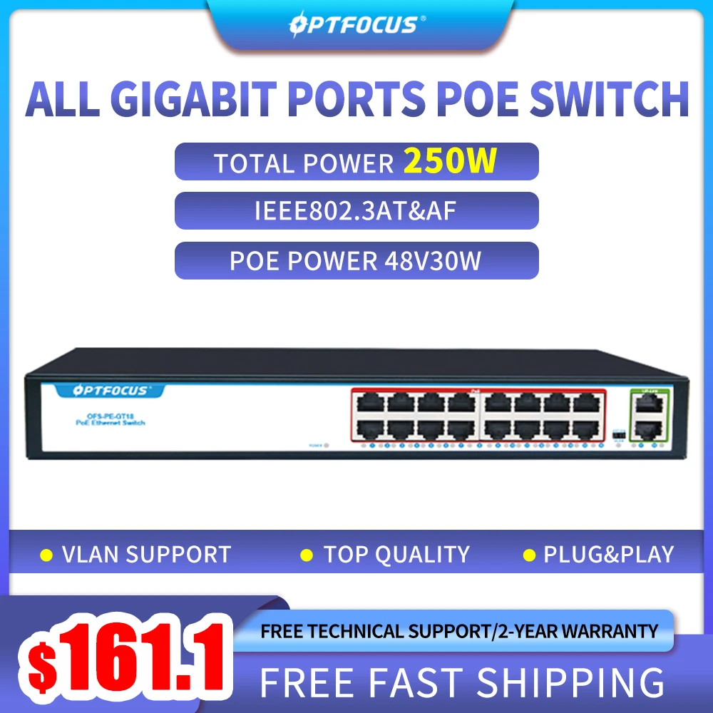 OPTFOCUS 250 Wats 16*1000mbps Power of Ethernet+ 2*1000mbps RJ45 Uplink Active 16 Port PoE+ Switch Power 54V Gigabit Poe Camera