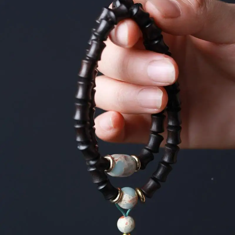 Natural Ebony Buddha Beads with Purple Light Bamboo Beads and Lotus Flower Bracelet for Men and Women Meditation Ornament