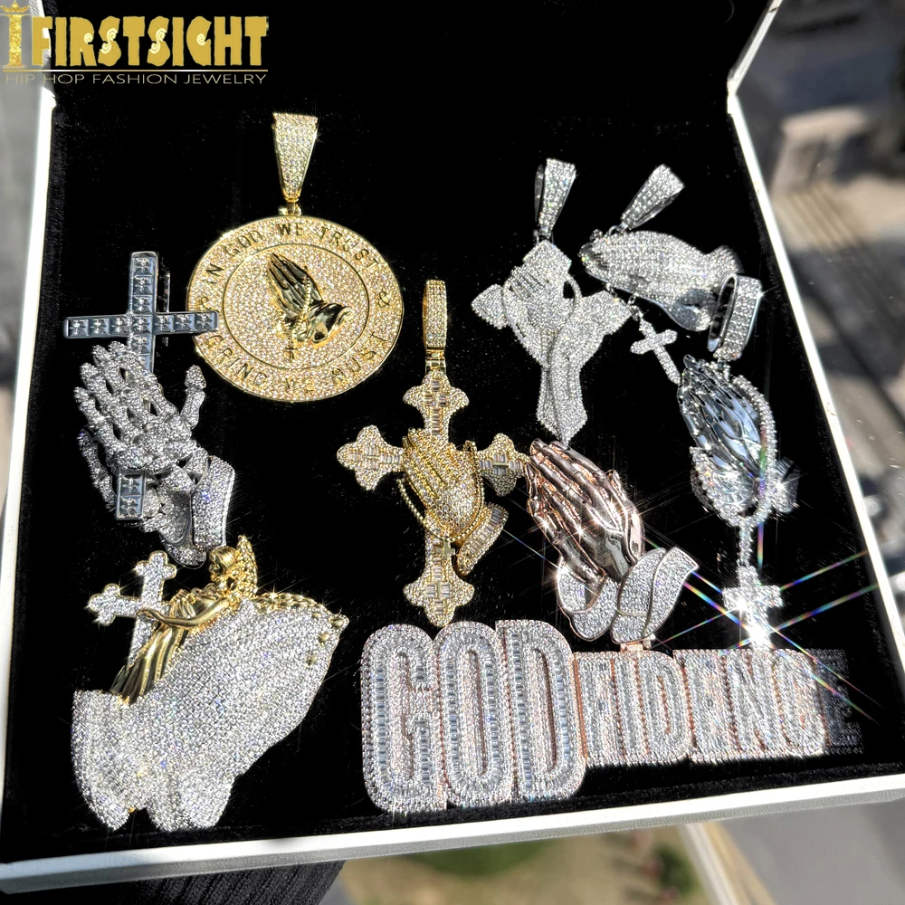Iced Out Devout Hands Молиться Крест Кулон Ожерелье для Мужчин Зубец Оправа Кубический