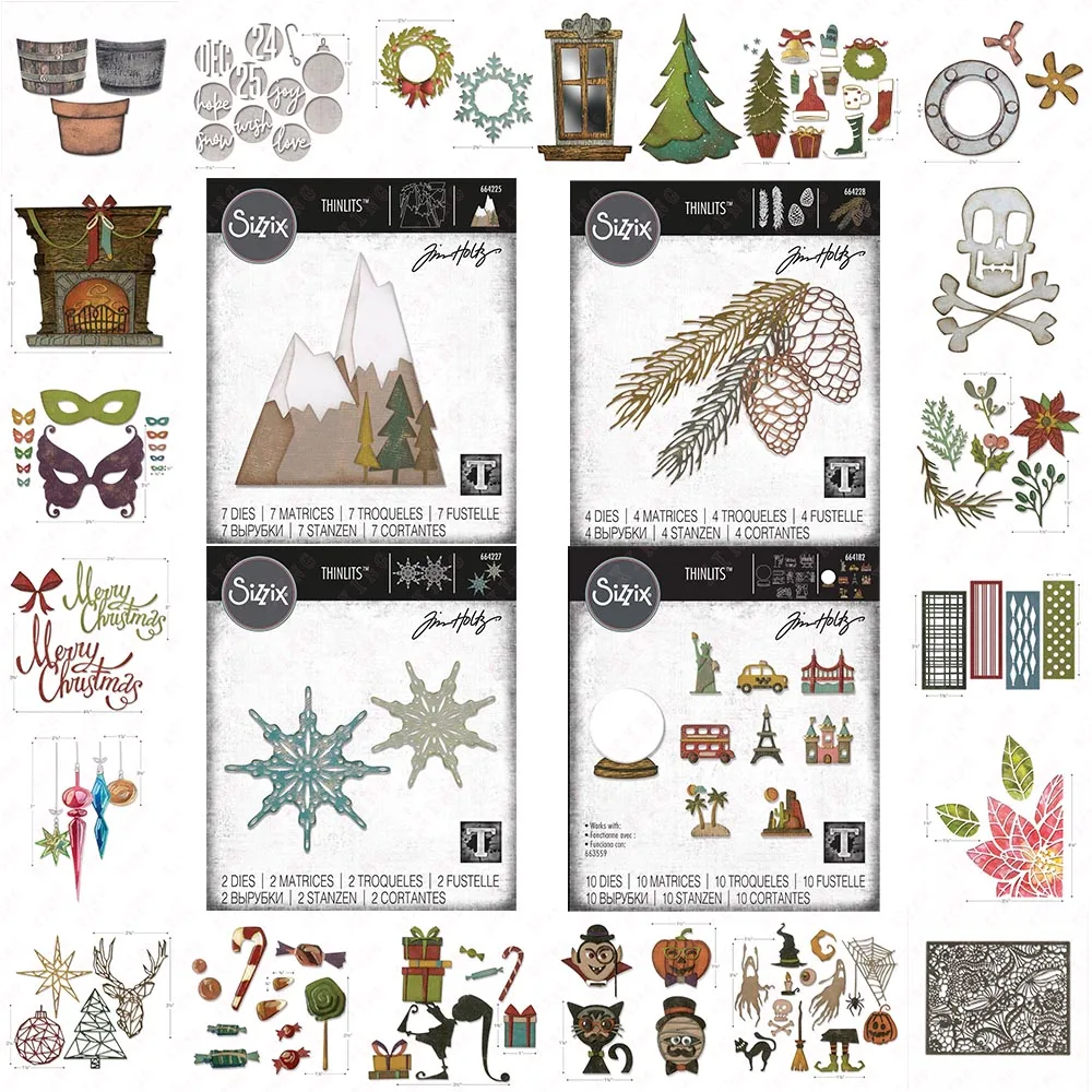 

New Christmas Ribbon Ornaments Wreath Snowflake Lace Globe Potted Helper Fireside Poinsettia Skull Window Frame Pine Branch Dies