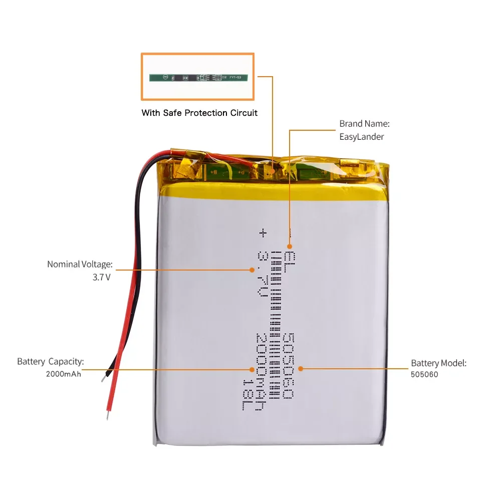 

3.7V 2000mAh 505060 Lithium Polymer Li-Po li ion Rechargeable Battery For interphone Bluetooth speaker PDA POS GPS Explay M43HD