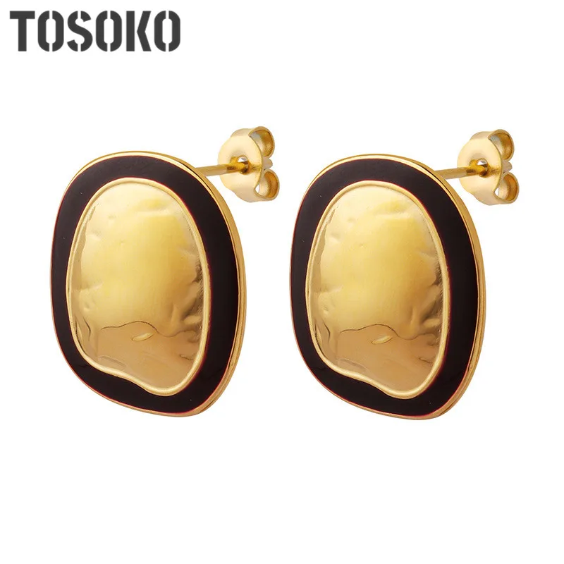 

TOSOKO Stainless Steel Jewelry Oil Dripping Geometric Oval Earrings Women's Fashion Plated 18K Gold Earrings BSF075