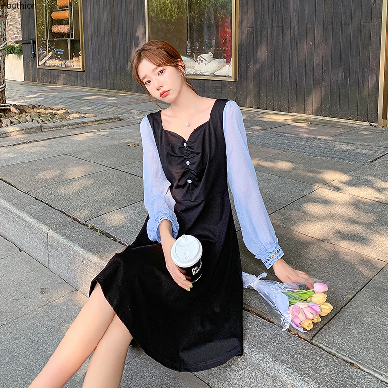 

New Women's Dresses V-neck Summer Female Clothing Type A Girl Long Sleeve Solid Color Fashion Loose Splicing