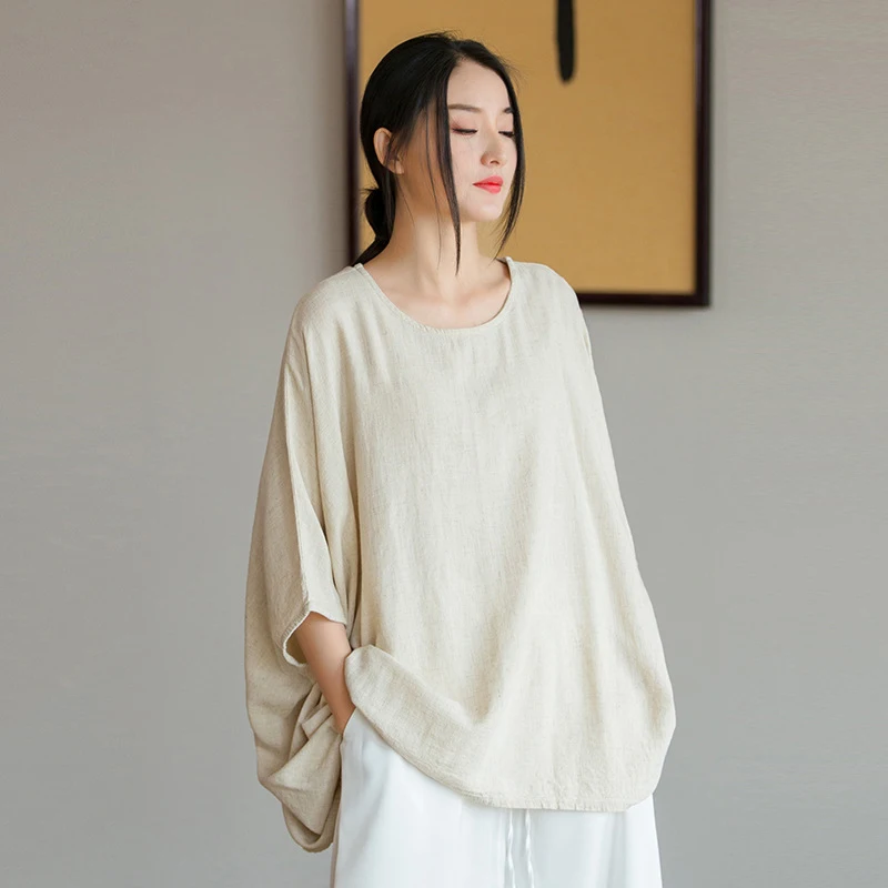

NINI WONDERLAND 2022 Summer Cotton Linen Loose Batwing Sleeve Casual Tops Tees Women Solid Color T Shirt