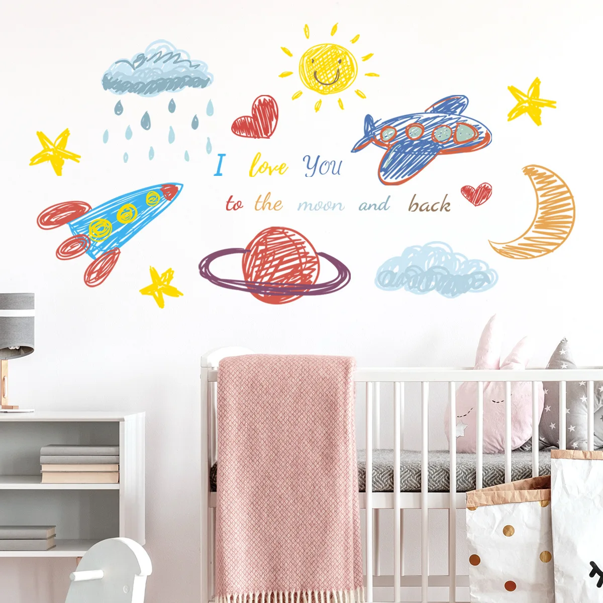Hand-painted Aircraft Planet Wall Sticker Sun Moon Cloud Wall Decals For Children's Room Wallpaper PVC Self-adhesive Vinyl Mural