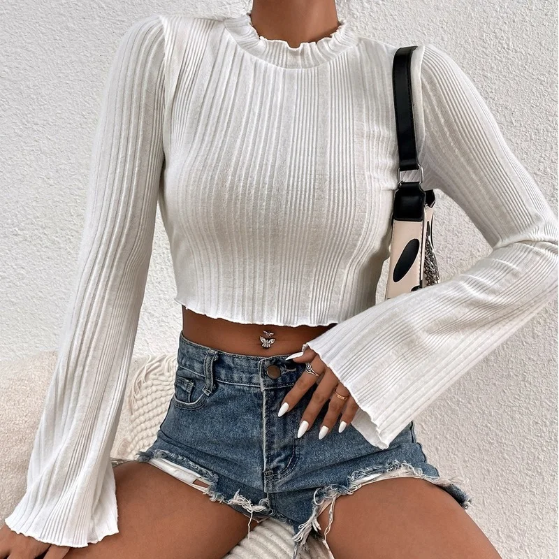 

2023Bodycon T Shirt Women Autumn Long Sleeve O-neck Flare Sleeve T Shirt Woman Fashion Solid Tops Lady
