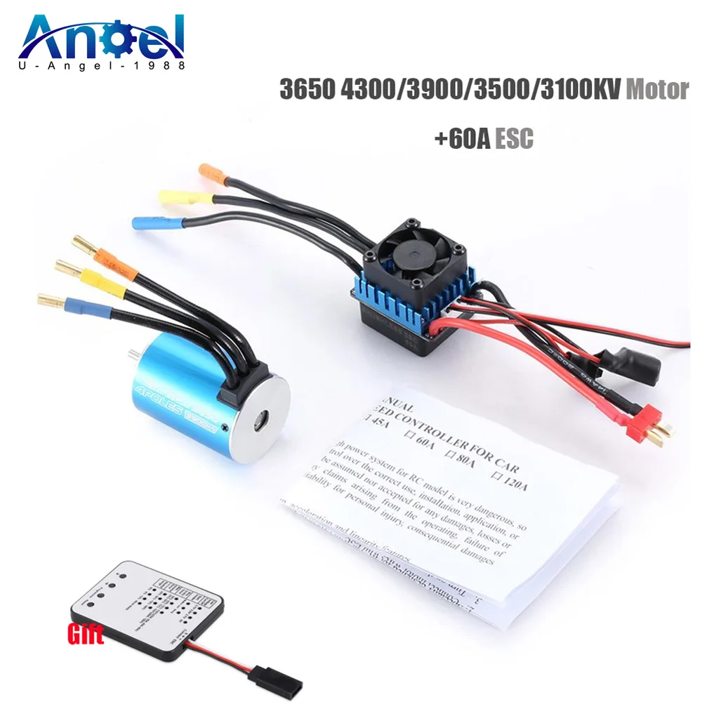 

RC 3650 4300KV 3900KV 3500KV 3100KV Sensorless Brushless Motor with 60A Brushless ESC with LED Programming Card for 1/10 RC Car