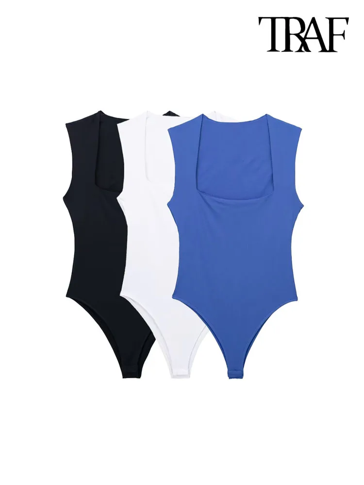 

TRAF Women Fashion With Square Collar Bodysuits Vintage Wide Straps Snap-button Female Playsuits Mujer