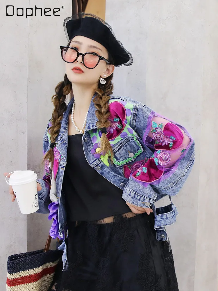 

Streetwear Cotton Denim Embroidered Patch Coat for Women Trendy 2022 Autumn Korean Style Loose Cropped Denim Jackets Feminino