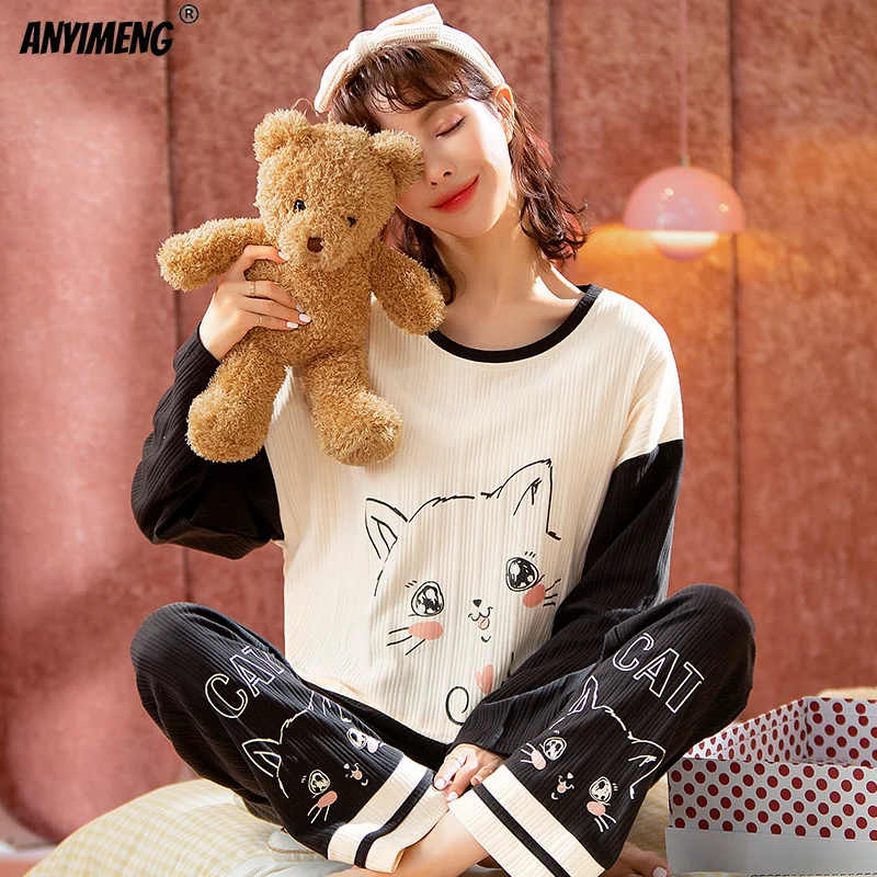 

Autumn New Fashion Pajamas Set for Women Soft Cotton Two Piece Pijamas Cartoon Pajama for Teen Girls Korean Kawaii Loungewear