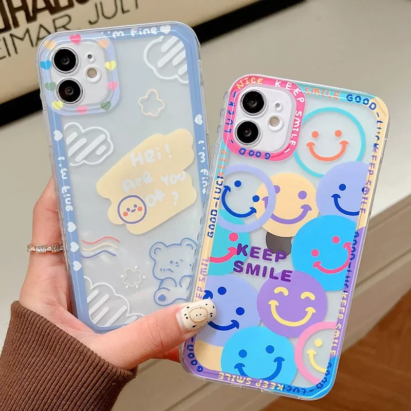 

Side Polka Dot Bear Smile Transparent phone case for iphone 13 12 11 Pro Max XS Max X XR 7 8 Plus SE2020 Soft TPU cover