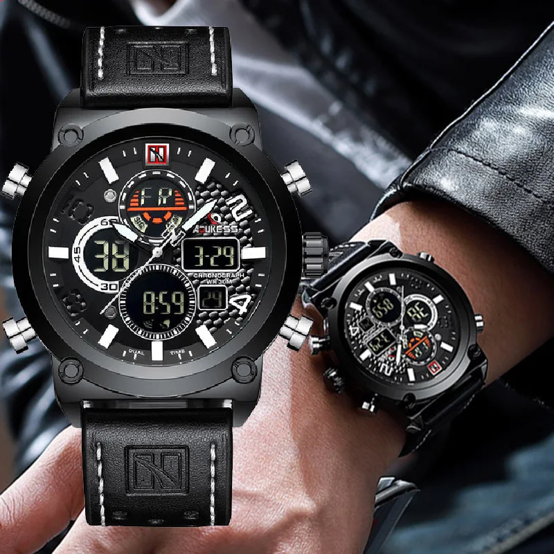 

Men‘s Watches 2022 New AOUKESS Dual Display Leather Sports Wrist Watches For Men Waterproof Date Male Clock Relogio Masculino