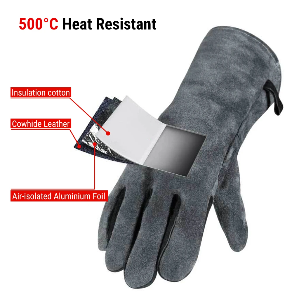 

GL02 500℃ Heat Resistant Oven Gloves Mitts Baking BBQ Gloves For Grill Heat Insulation Leather Forging Welding Gloves