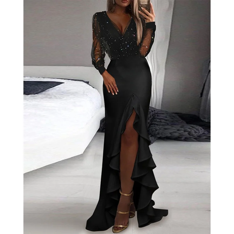 

New Black Dress Tulle Patchwork Long Skirt Spring New Split Evening Dress Black Deep V Sexy Split Dress Women