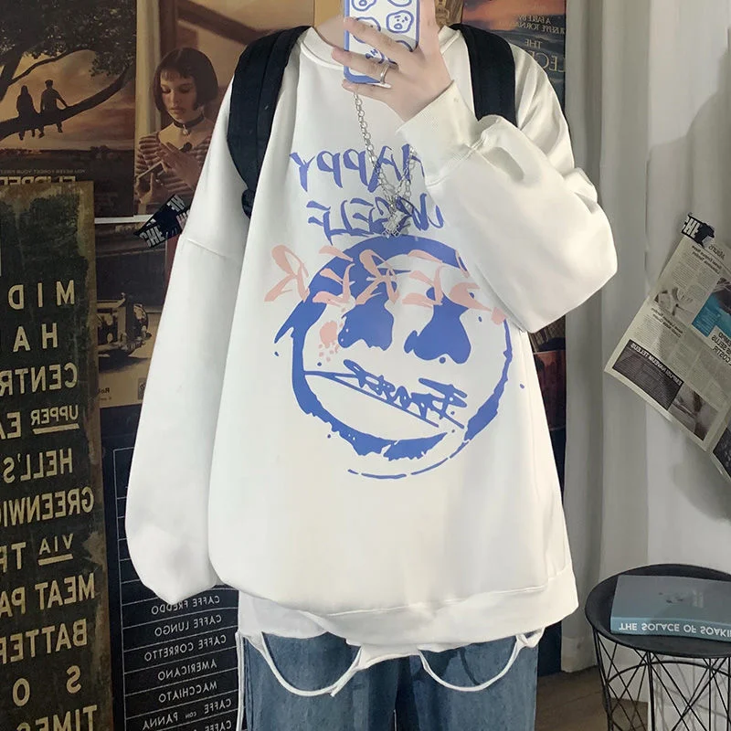 

Hybskr High Street Cartoon Sad Face Men‘s Sweatshirts Harajuku Oversized O Neck Men Women Hoodies Autumn Unisex Pullover Tops