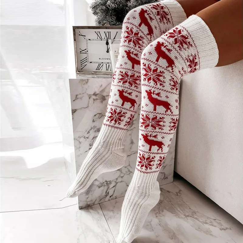 Christmas Socks Knitting Warm Stockings Female Elk Snowflake Jacquard Knee Length New Year Stockings Women's Chaussette Noel