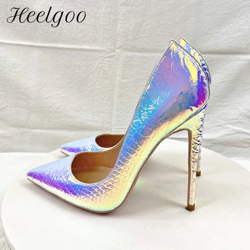 

Heelgoo Laser Silver Crocodile Effect Women Sexy Pointy Toe High Heel Shoes for Club Party Show Plus Size 33-46 Stiletto Pumps