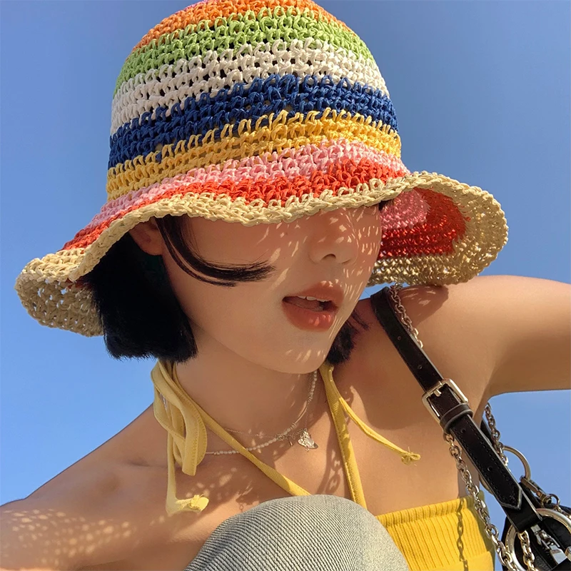 

Korean Rainbow Striped Straw Bucket Hat Women's Summer Breathable Sunshade Fisherman Hats Vacation Beach Foldable Sun Cap кепка