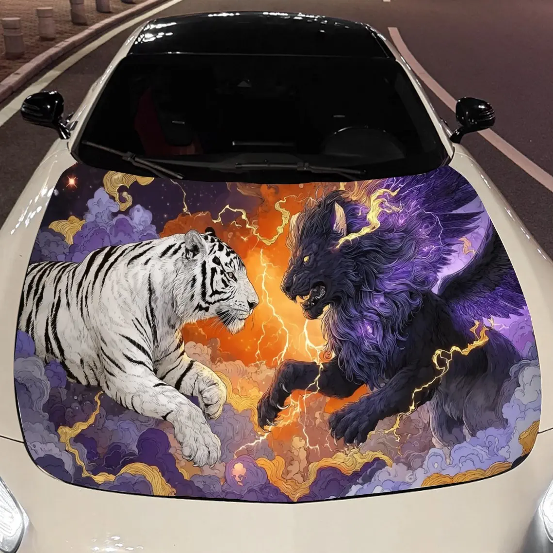 Фото Оранжево-фиолетовая автомобильная виниловая пленка Cloud Flame Beast Duel, водонепроницаемая наклейка на капот автомобиля из ПВХ, самоклеящаяся устойчивая к царапинам №1