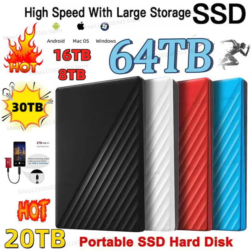 

Портативный 100% оригинальный твердотельный Накопитель SSD 64 ТБ, внешний твердотельный накопитель 4 ТБ, 16 Тб, 128 ТБ, внешний твердотельный накопитель USB, жесткий диск, флеш-накопитель