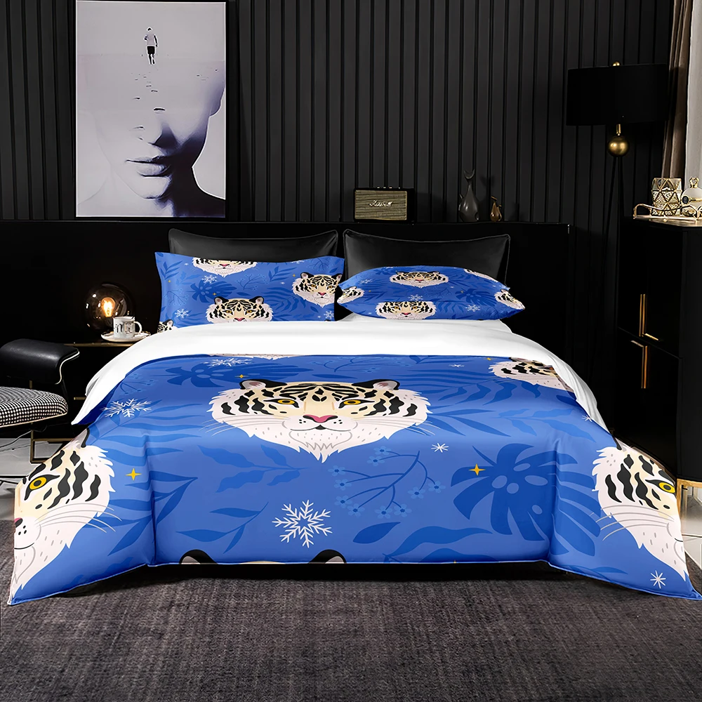 

Tropical Tiger Print Bedding Set Bright Blue Duvet Cover & Pillowcase Vintage Palm Leaf Quilt Cover Soft Set for Queen King Bed