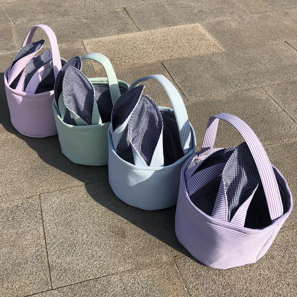 10PCS Seersucker Easter Bags Kids4 Colors Bunny Ear Tote Handbags Easter Basket Toy Gift Candy Party Supplies for Boys and Girls