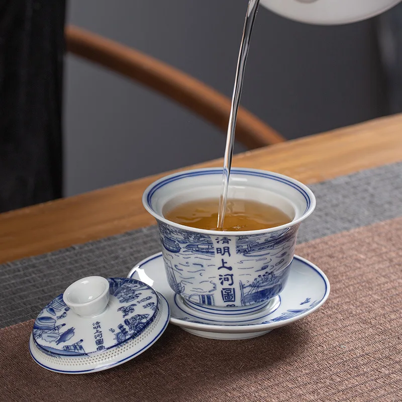 Фото Чашка для чая Gaiwan Qingming Shanghe, карта, вращающаяся вода, защита от ожогов, чаша из трех предметов, бытовой фарфоровый набор для кунг-фу №2