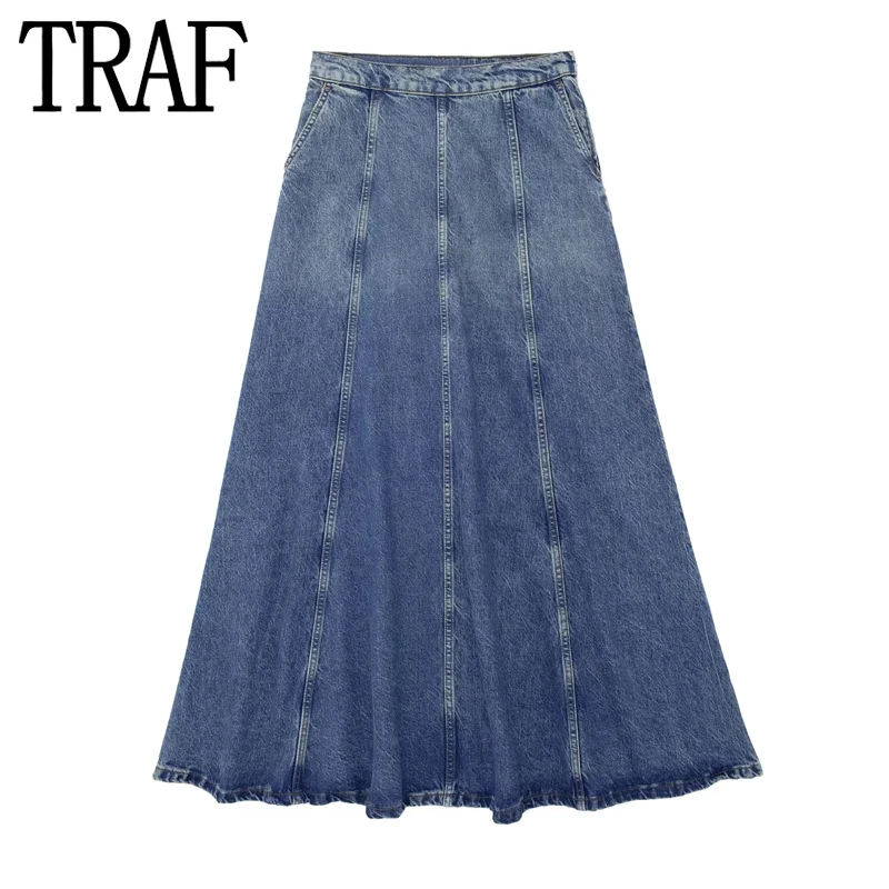 

TRAF Blue Denim Skirt Women Jean Long Skirts for Women High Waist Skirts Maxi Woman Fashion 2023 Streetwear Summer Casual Skirt