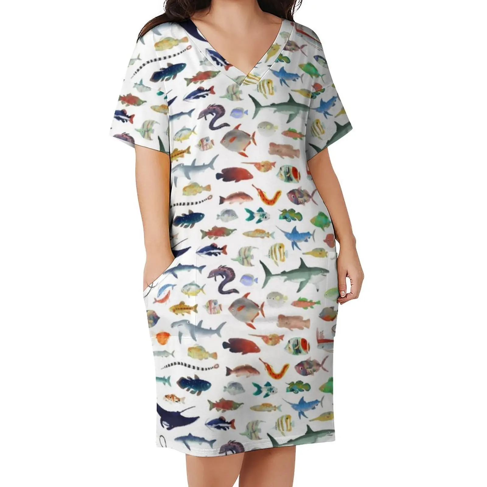 Great White Shark Dress Plus Size Ocean Life One Hundred Fish Print Streetwear Casual Dress Ladies Summer V Neck Trendy Dresses