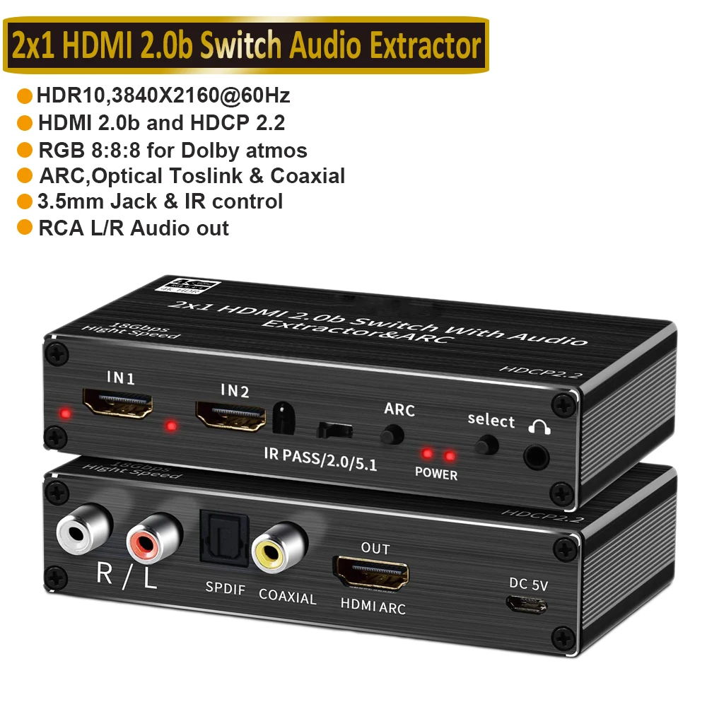 

2022 лучший HDMI 2,0 аудио экстрактор поддержка 4K 120 Гц YUV 4:4:4 HDR HDMI аудио конвертер адаптер 4K HDMI в оптический TOSLINK SPDIF