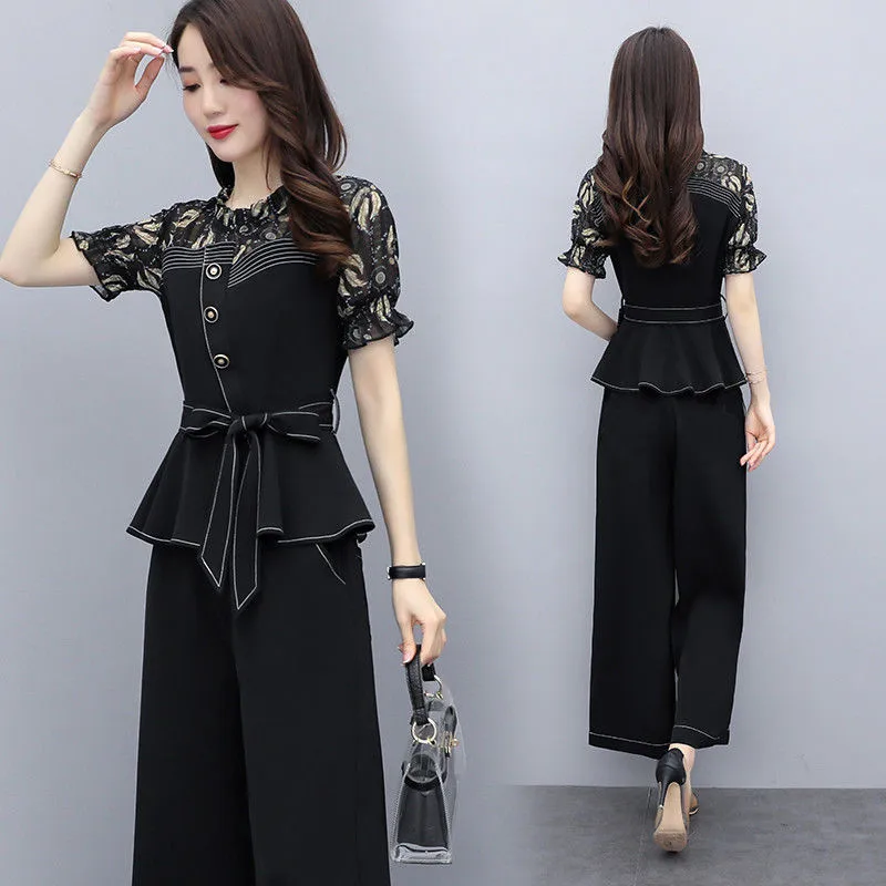 

Single/Set Chiffon Suit Women's 2022 Summer New 2PCS Short-Sleeved Top Fashion Temperament Wide-Leg Pants Female Two-Piece