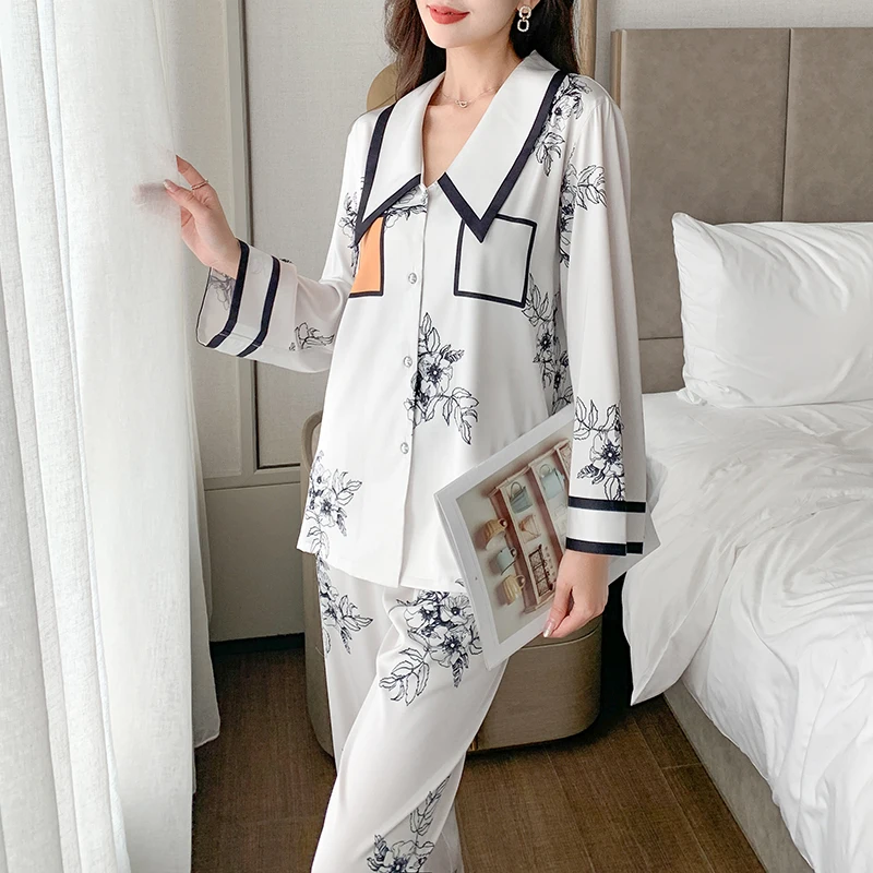 Vintage Floral Print Long Sleeve Pajamas Set For Women Spring Summer Thin Chic Homewear Clothing Lady Loose Sleepwear Night Suit