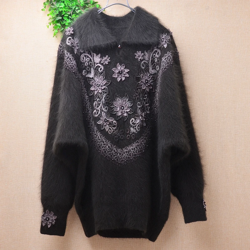 

Ladies Women Fall Winter Hairy Soft Embroidery Beading Angora Rabbit Hair Knitted Long Batwing Sleeves Loose Pullover Sweater